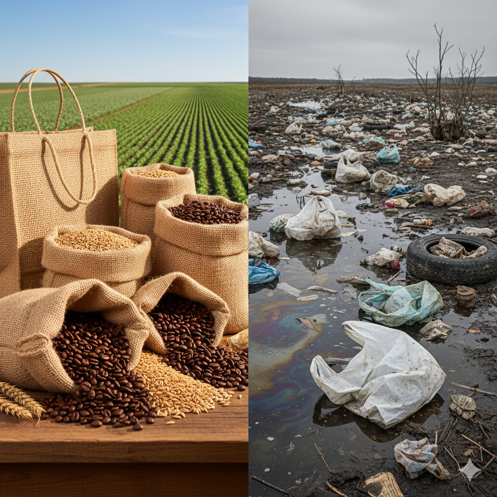 Premium jute bags and sacks used for grains and coffee contrasted with plastic waste pollution, showing jute as a sustainable alternative to plastic packaging.
