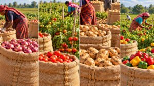 Onion and vegetable jute bags used for tomatoes, potatoes and fresh produce packaging