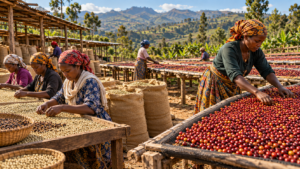 Ethiopian women sorting coffee beans before packing in jute coffee bags