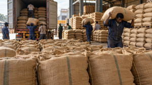 Jute coffee bags with Ethiopian green coffee prepared for export