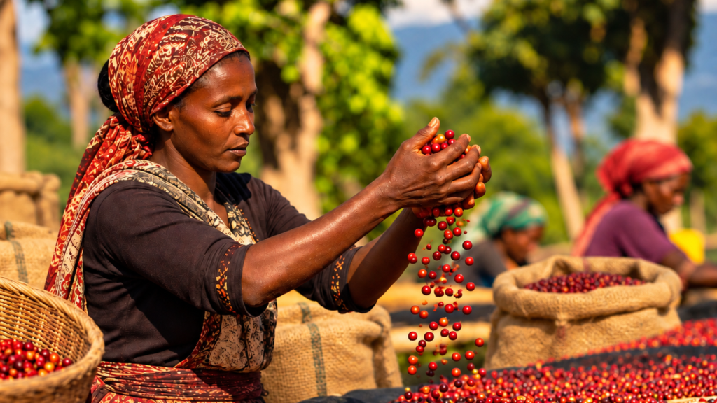 Women harvesting coffee in Ethiopia for the coffee supply chain