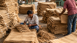 Alt Text: Bangladeshi workers preparing and inspecting jute coffee bags at a jute factory