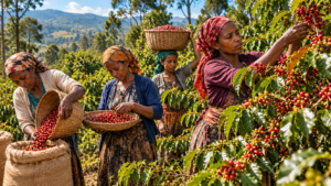 Ethiopian women harvesting ripe coffee cherries on a coffee farm